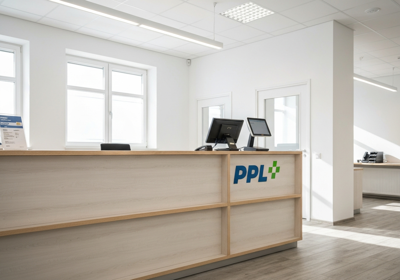A professional courier service point in a modern Brno office, clean wooden counter with PPL branding, digital parcel scanner, bright minimalist interior, soft natural light, 85mm lens, high quality editorial photography, no text, no words, no letters