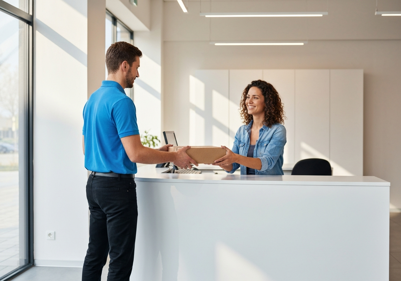 A professional logistics worker handing a package to a customer at a modern, clean parcel shop counter, interior design with soft natural light, editorial photography style, 85mm lens, high quality, no text, no letters
