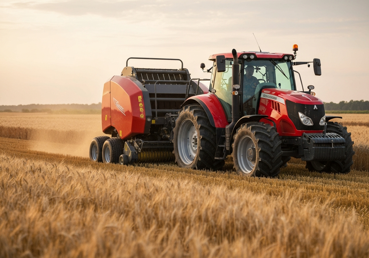 A modern tractor with a high-tech round baler in a golden wheat field at sunset, cinematic lighting, editorial agricultural photography, sharp focus, 85mm lens, high resolution, no text, no letters.
