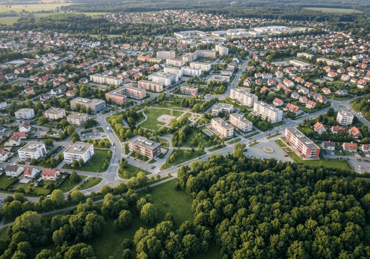 Aerial view of the town of Hostivice, Czech Republic, showcasing the suburban landscape and green surroundings, modern urban planning, editorial photography, soft natural light, 85mm lens, highly detailed, no text, no words, no letters.
