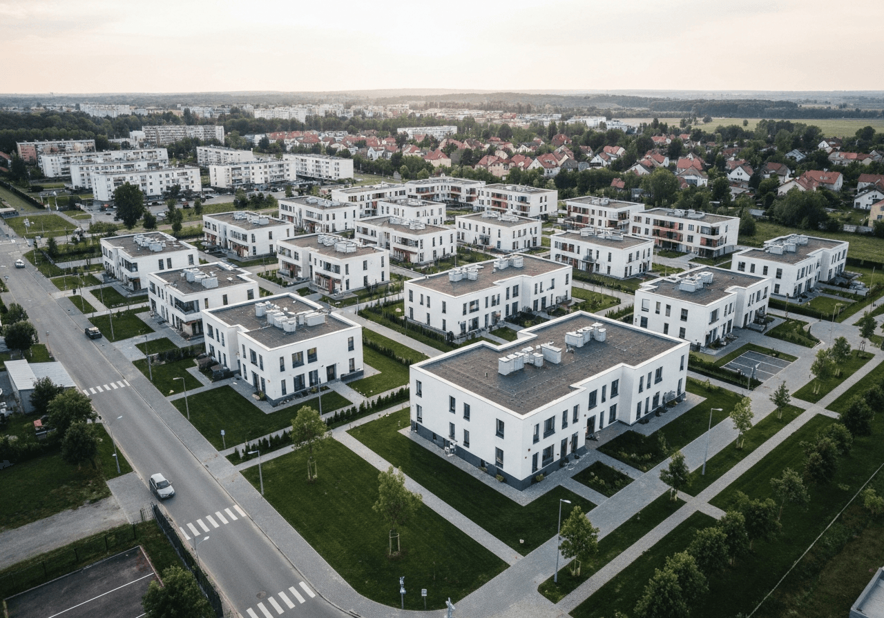 Aerial view of a modern residential area in Hostivice, clean grid layout of streets with green spaces, editorial photography, soft natural morning light, 85mm lens, high resolution, no text, no words, no letters.
