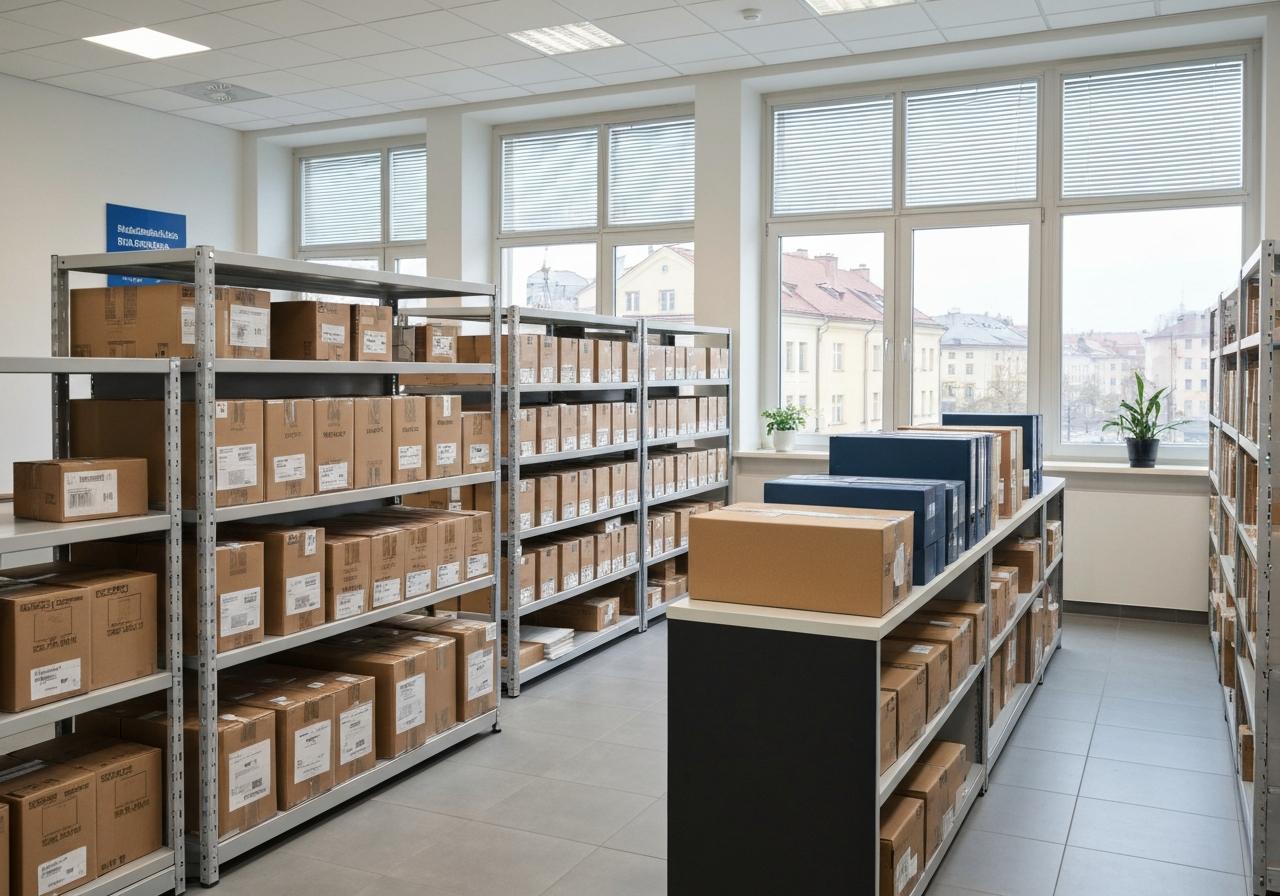 A professional logistics delivery station in a modern Czech city, neatly organized packages on shelves, bright office environment, editorial photography, soft natural light, 85mm lens, no text, no words, no letters.