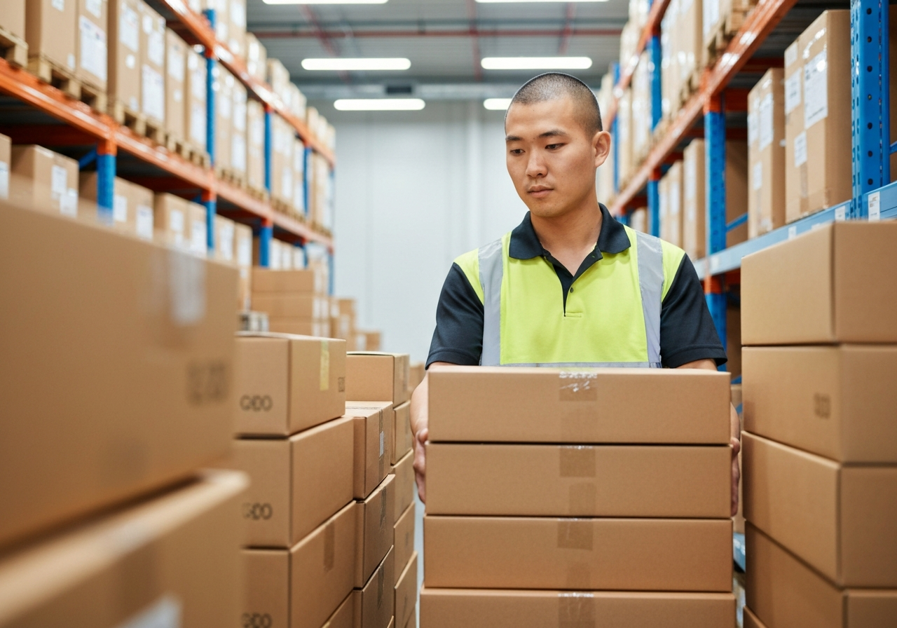 A professional logistics worker handling parcel boxes in a clean, modern distribution center, bright natural lighting, 85mm lens, editorial aesthetic, high resolution, no text, no words, no letters.