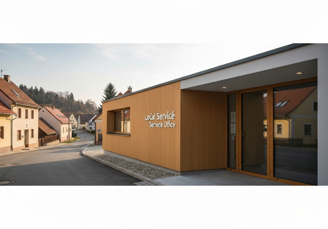Editorial photography, the exterior of a modern local service office in a Czech village, clean signage, soft natural light, 85mm lens, highly detailed, no text, no letters