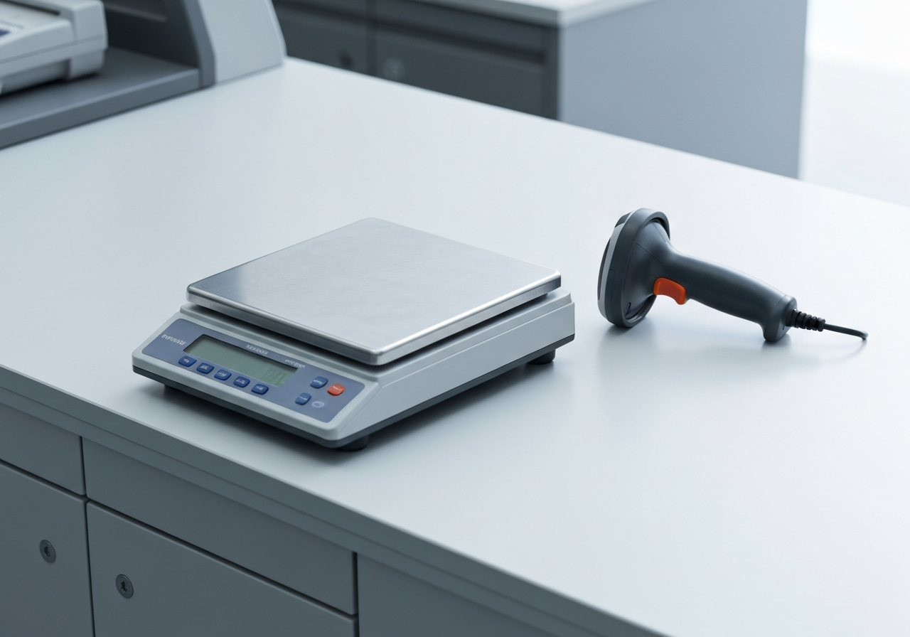 Close-up of a modern postal counter with a digital scale and a handheld barcode scanner, clean aesthetic, editorial photography, soft natural light, 85mm lens, highly detailed, no text, no words, no letters