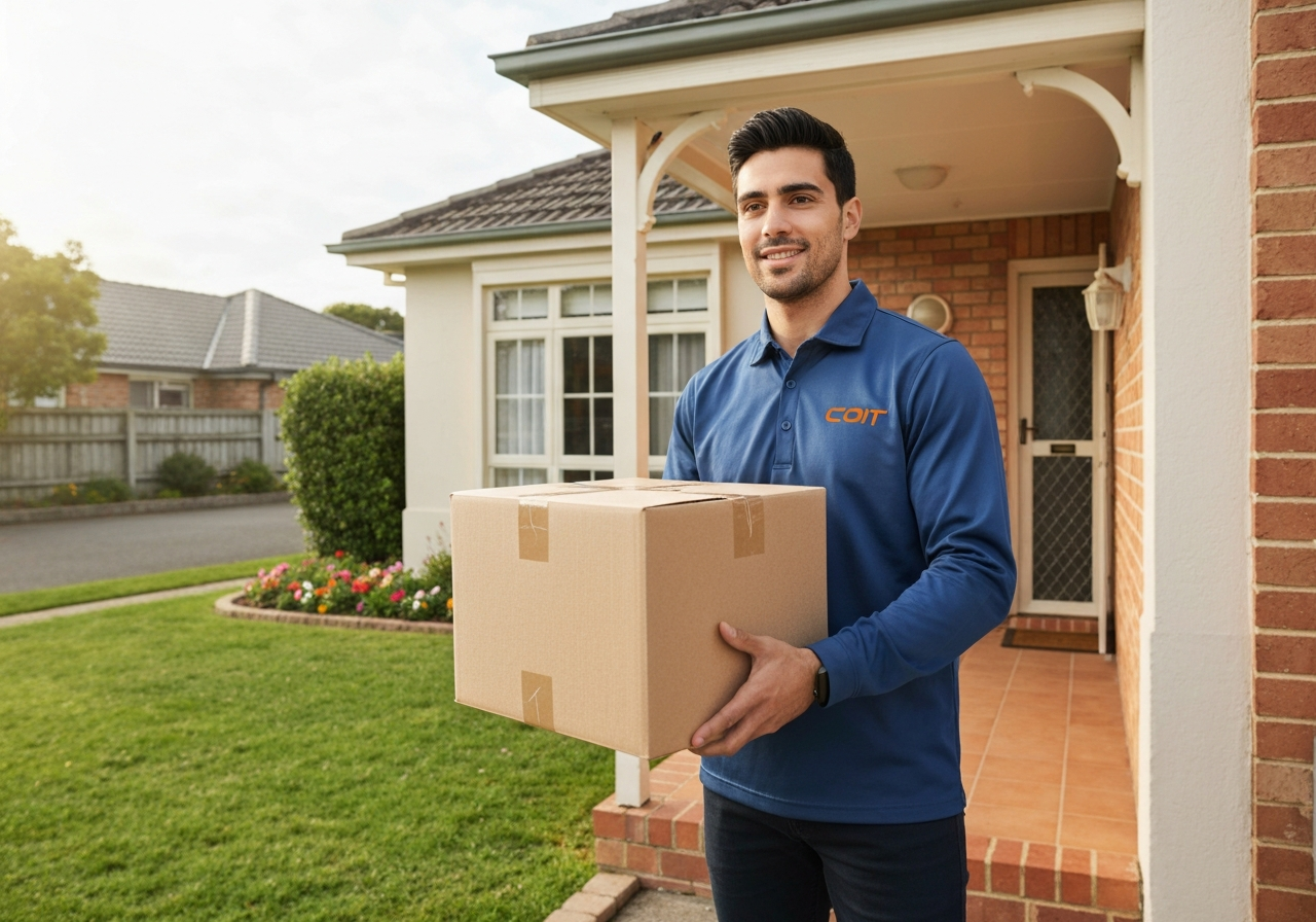 A professional courier in a modern uniform delivering a high-quality cardboard parcel to a suburban home doorstep, bright morning atmosphere, professional editorial photography, clean composition, soft natural light, 85mm lens, high resolution, no text, no letters
