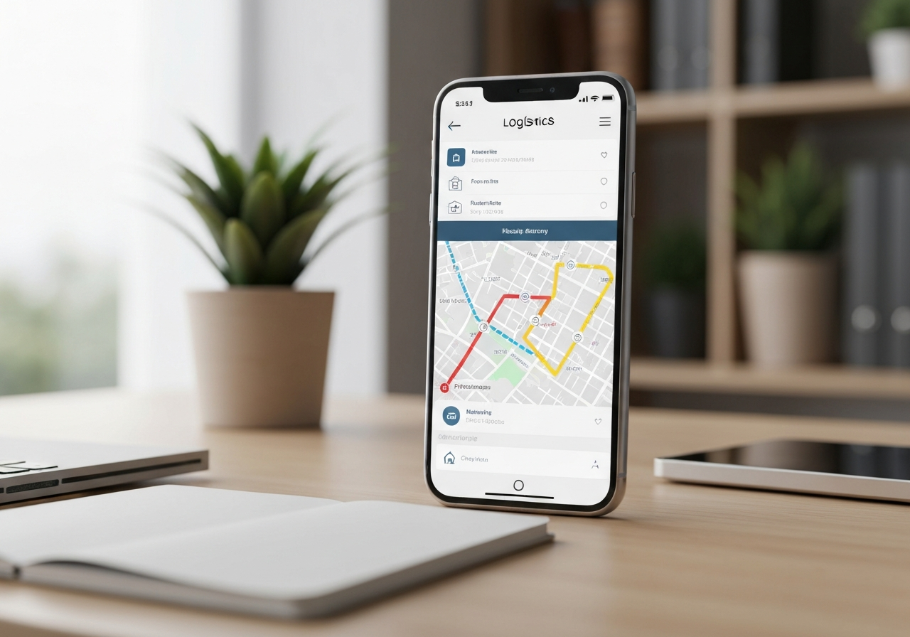 A professional logistics interface on a smartphone screen showing a delivery tracking map, modern clean office desk background, editorial photography, soft natural light, 85mm lens, highly detailed, no text, no letters