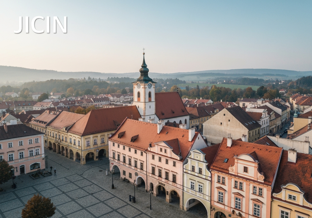 Aerial view of Jicin town square with historical architecture and church tower, editorial photography, clean composition, soft natural morning light, 85mm lens, high resolution, no text, no letters