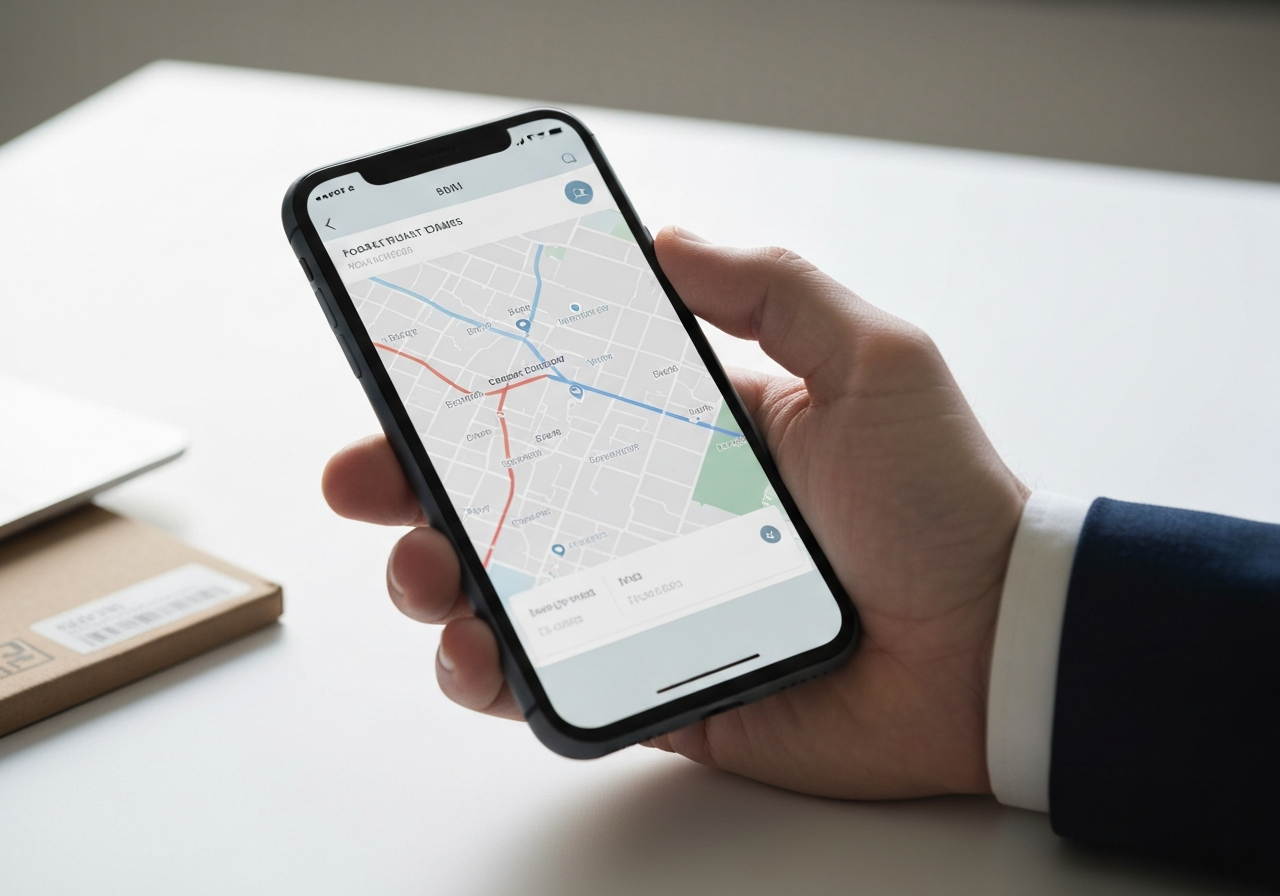 A professional close-up shot of a hand holding a modern smartphone displaying a digital postal code map, clean office desk background with a blurred parcel label, soft natural light, 85mm lens, high resolution, minimalist aesthetic, no text, no words