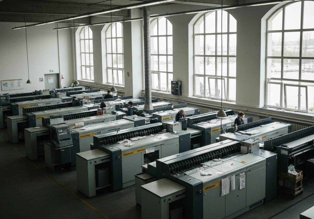 A high-angle editorial shot of a modern Czech post office sorting facility interior, clean industrial aesthetic, soft natural light streaming through windows, 85mm lens, depth of field, no text, no words, no letters
