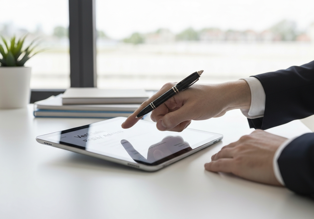A close-up, high-detail editorial photograph of a professional hand verifying a postal address on a modern tablet screen, clean office workspace environment, soft natural light, 85mm lens, depth of field, premium aesthetic, no text, no words, no letters