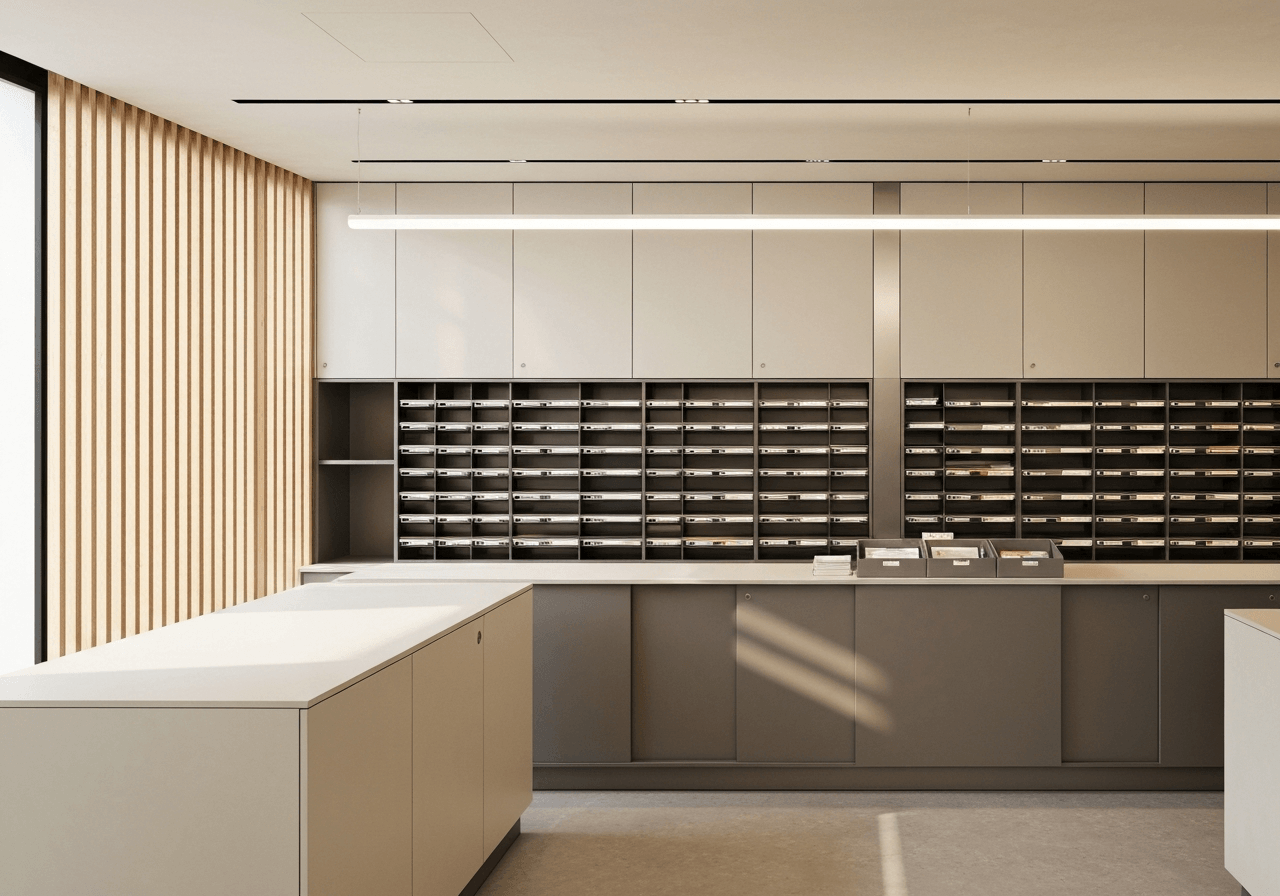 A minimalist, modern interior of a post office branch with warm natural light, high-end editorial photography style, focus on organized mail slots and clean lines, 85mm lens, depth of field, no text, no letters, no labels