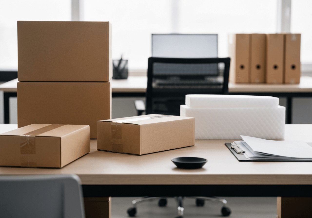 A professional parcel packaging station, high-quality cardboard boxes, protective padding, clean and organized modern office environment, soft natural light, 85mm lens, depth of field, minimalist, editorial photography, no text, no words, no letters