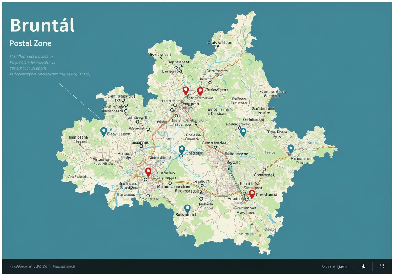 A professional digital map visualization of the Bruntál region with highlighted postal zones, sleek modern interface, editorial photography style, high-end technical aesthetic, soft natural light, 85mm lens, no text, no letters