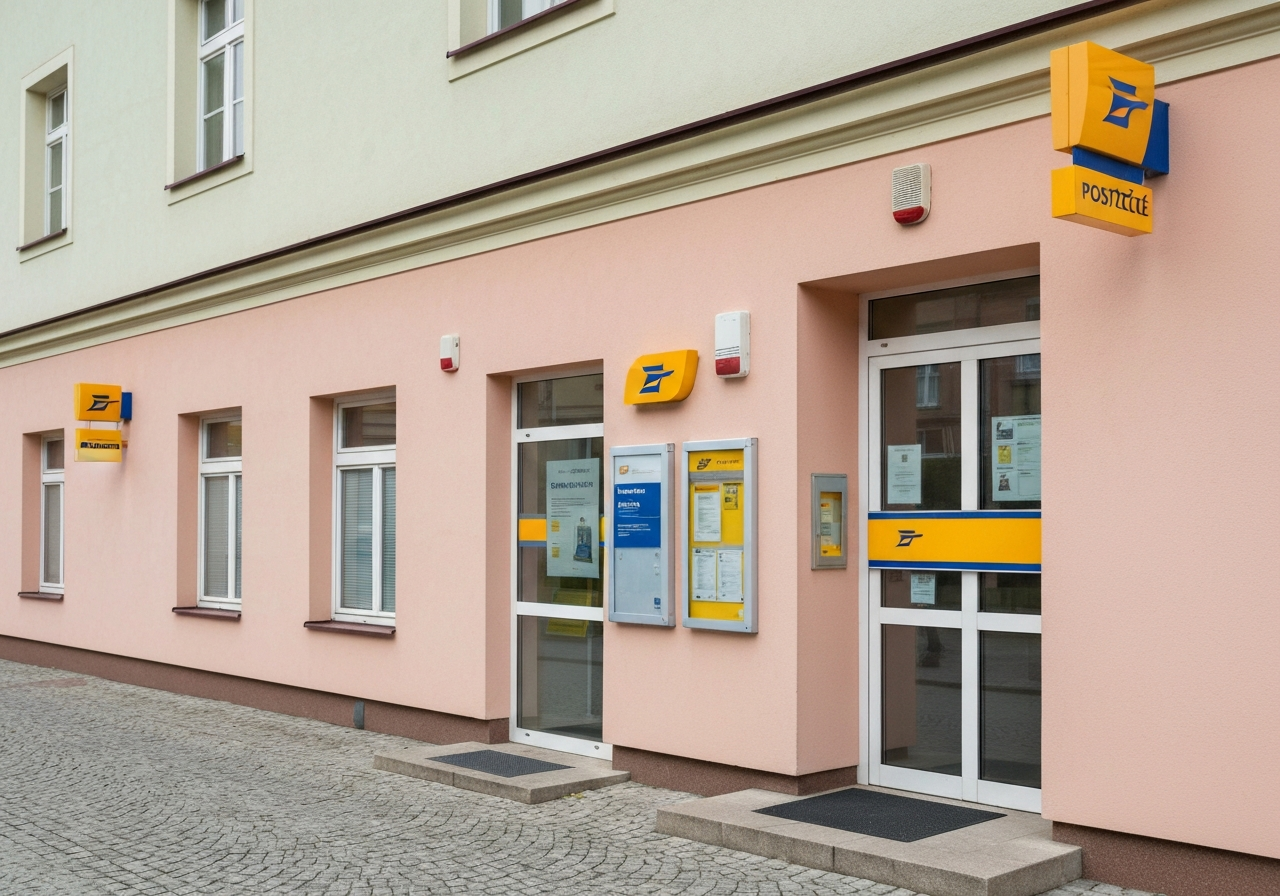 Exterior view of a modern Czech post office branch, clean street architecture, Modřice setting, Editorial photography, soft natural light, 85mm lens, highly detailed, no text, no letters