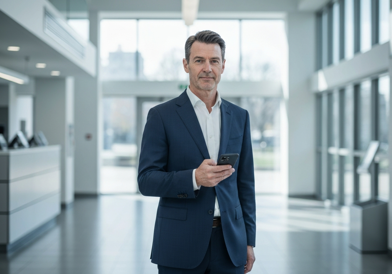 A professional person standing in a bright, modern post office lobby holding a smartphone, clean minimalist interior, soft natural light, editorial photography, 85mm lens, high resolution, no text, no words, no letters