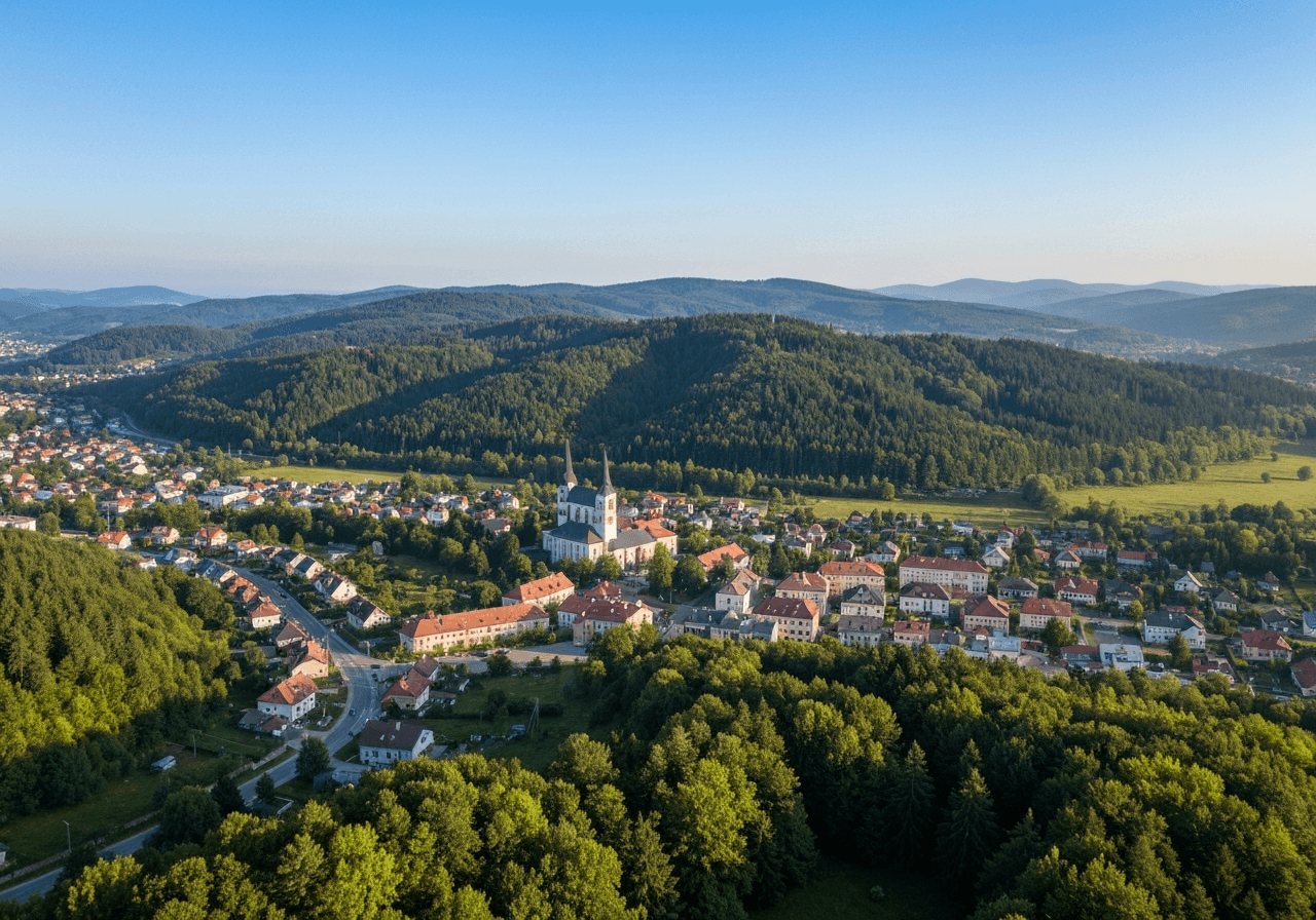 Aerial wide shot of Bystřice pod Hostýnem nestled at the foot of the Hostýnské vrchy hills, lush green forests, clear sky, morning soft natural light, professional editorial photography, 85mm lens, high resolution, no text, no letters
