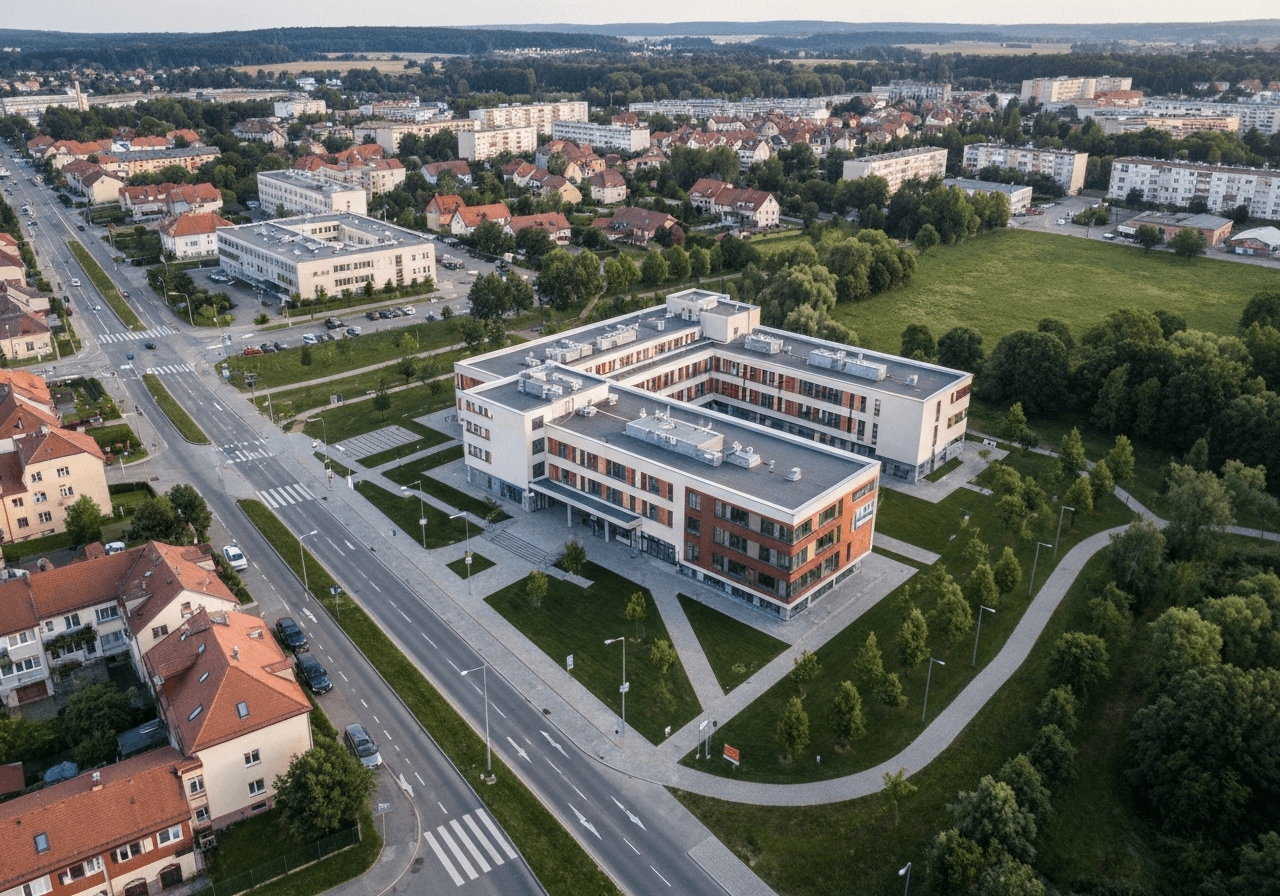 Aerial view of a modern community health center in Bystřice pod Hostýnem, surrounding greenery and clean urban infrastructure, soft natural daylight, high-end architectural photography, 85mm lens, no text, no letters