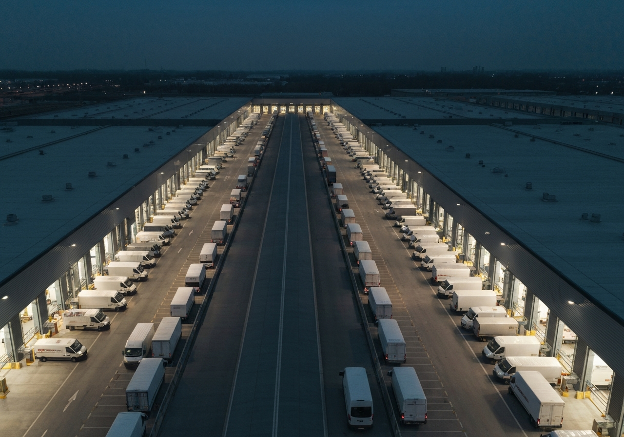 Aerial view of a large, modern logistics sorting facility at dusk with glowing lights, organized rows of delivery vans, industrial aesthetic, clean lines, high-tech distribution hub, cinematic lighting, 85mm lens, no text, no words.