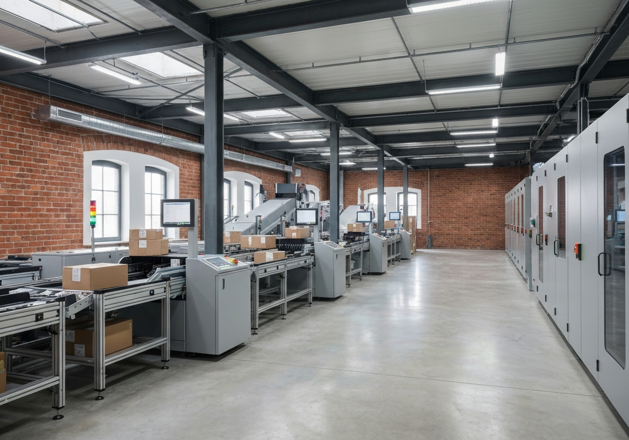 A professional logistics warehouse interior, focused on modern parcel scanning equipment, clean industrial design, soft natural lighting, editorial photography, 85mm lens, high detail, no text, no words, no letters