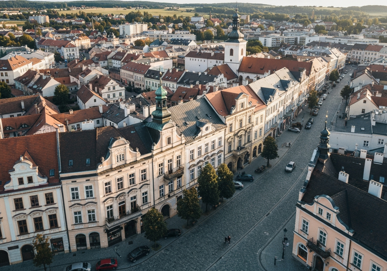 Aerial view of Lovosice town center in the Czech Republic, historic architecture mixed with modern infrastructure, peaceful day, soft natural sunlight, captured with an 85mm lens, high resolution, cinematic editorial style, no text, no letters
