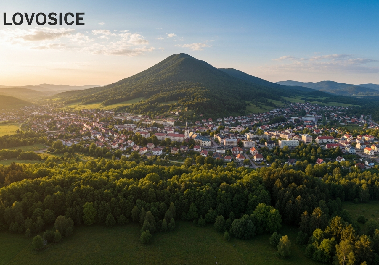 Aerial wide-angle view of Lovosice town nestled at the base of the prominent Lovos mountain in the Central Bohemian Uplands, lush green landscapes, soft golden hour sunlight, editorial photography style, high resolution, no text, no letters