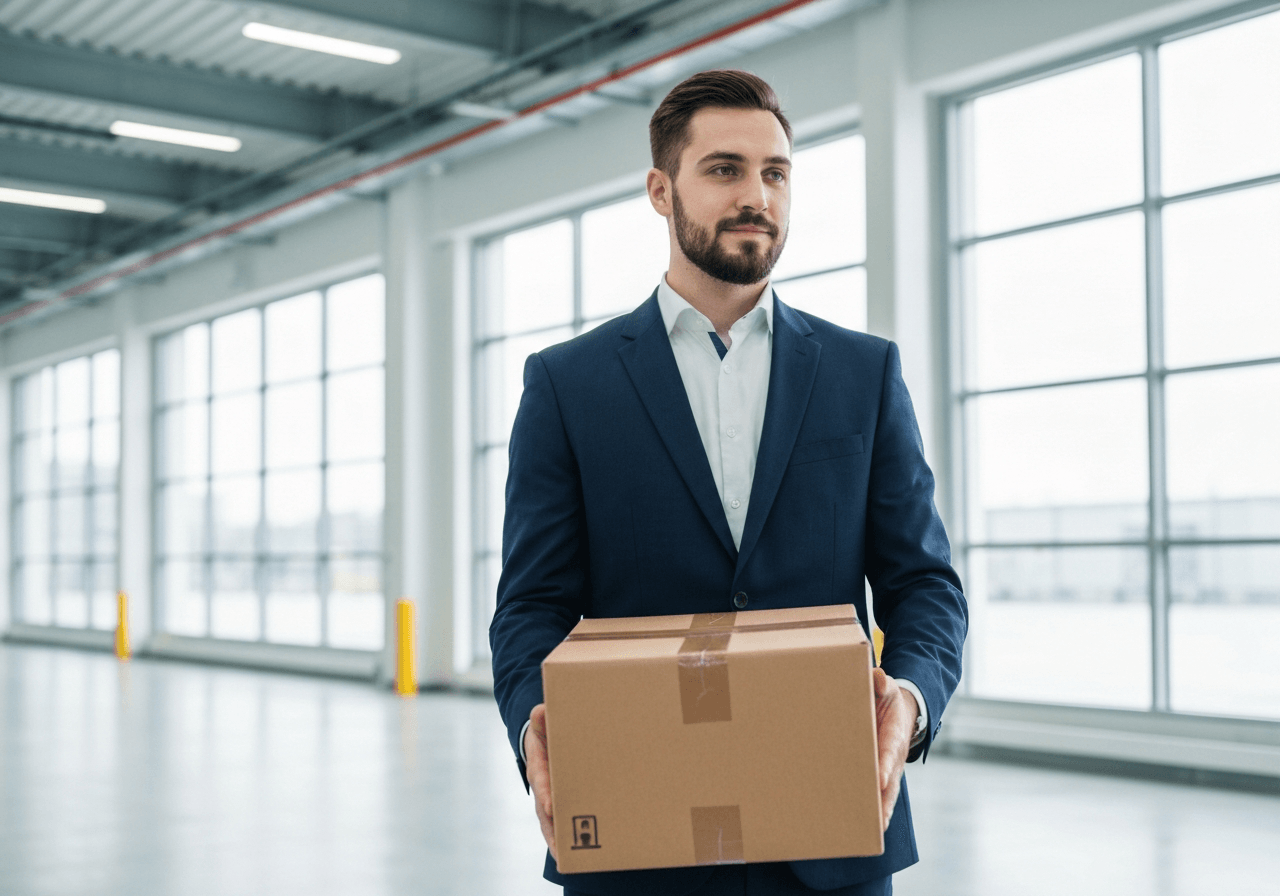A professional delivery person handing over a secure package in a clean, modern Mohelnice logistics center, bright airy atmosphere, high-end editorial photography, shallow depth of field, 85mm lens, no text, no words, no letters.