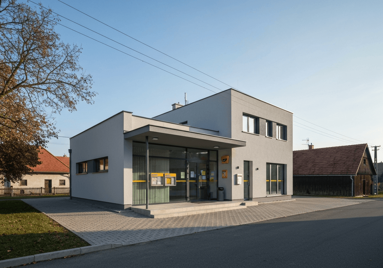 A professional, modern Czech postal office building exterior in a quiet village setting, clean architectural lines, soft natural daylight, 85mm lens, high quality editorial photography, no text, no words, no letters