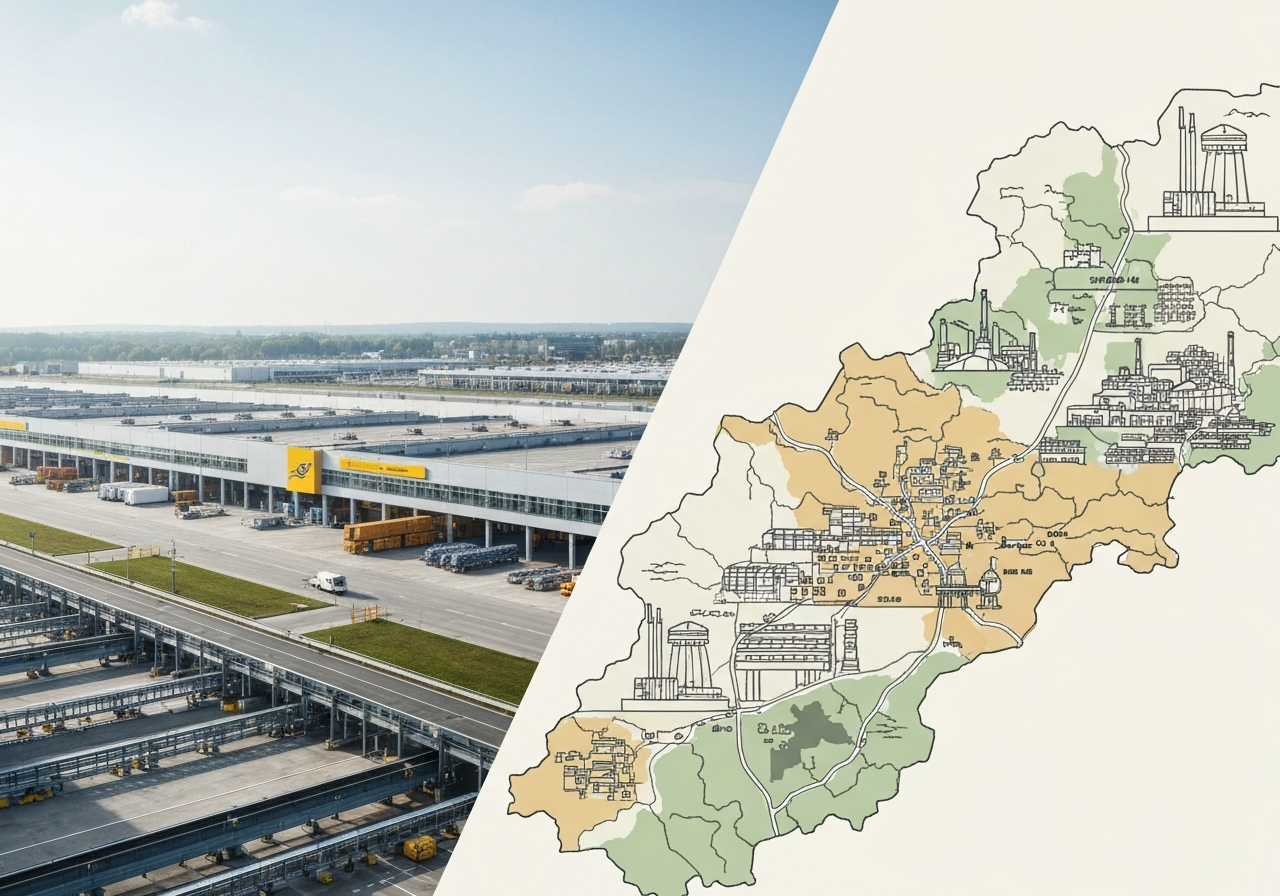 Split screen composition showing a modern postal logistics hub on one side and a stylized map of the Zlín region on the other, professional editorial aesthetic, soft natural light, 85mm lens, high resolution, no text, no words, no letters