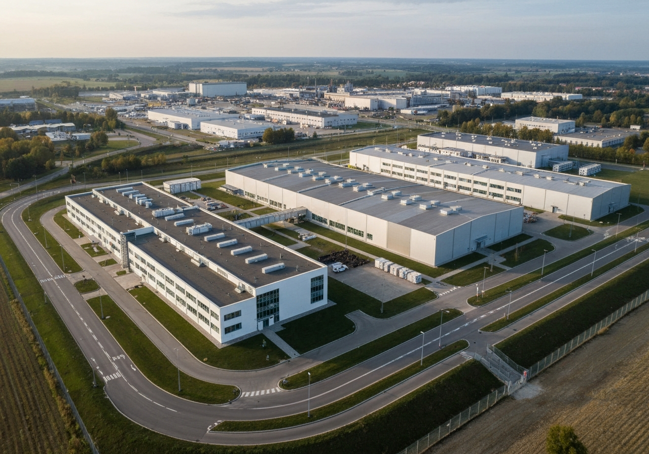 Aerial view of modern industrial park in Kunovice with the aircraft factory in the background, clean architectural lines, morning soft natural light, professional editorial photography, 85mm lens, high contrast, no text, no letters