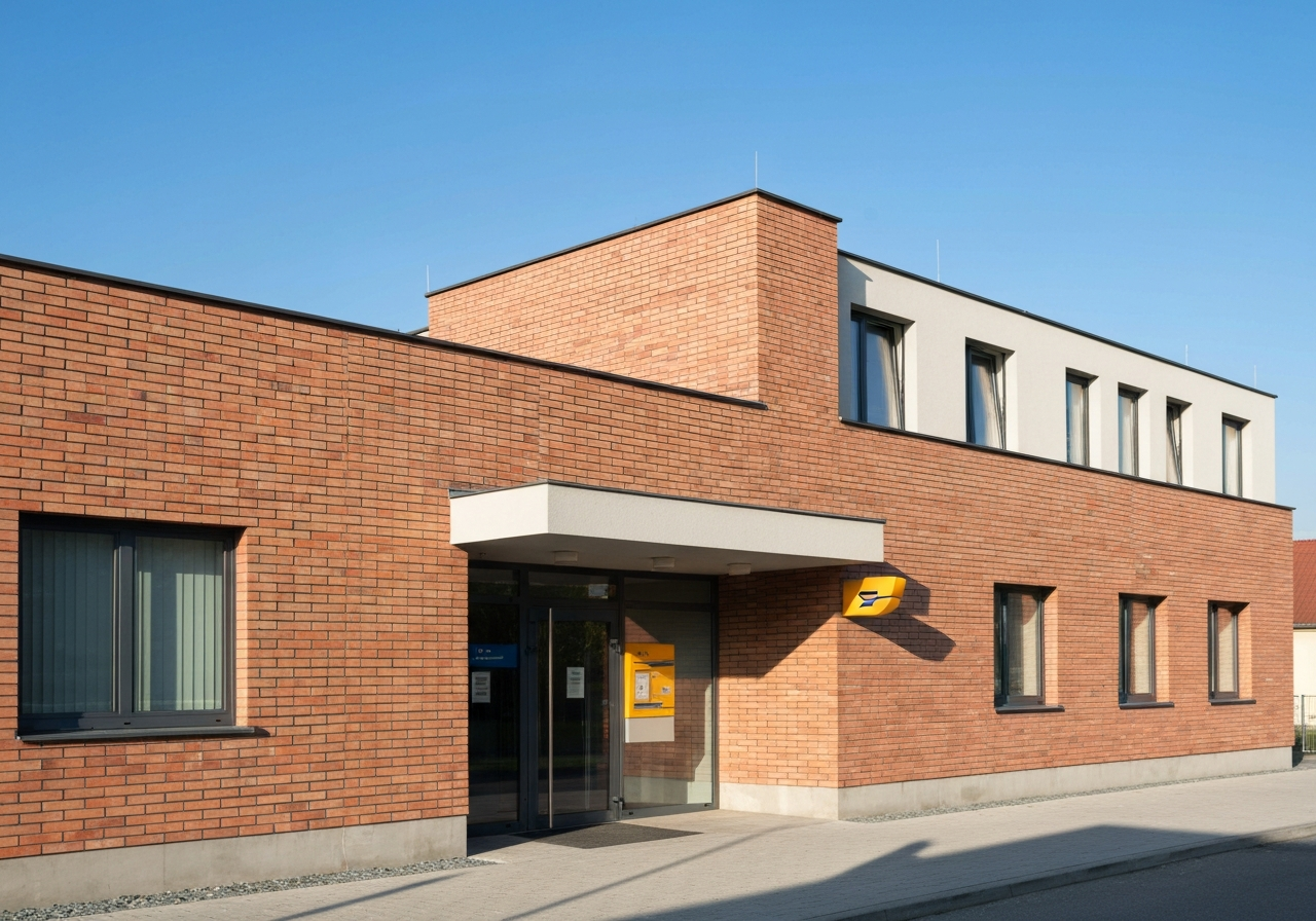 A professional, clean exterior of a modern Czech post office branch, brick architecture, bright daylight, editorial style, soft shadows, 85mm lens, no text, no words, no letters