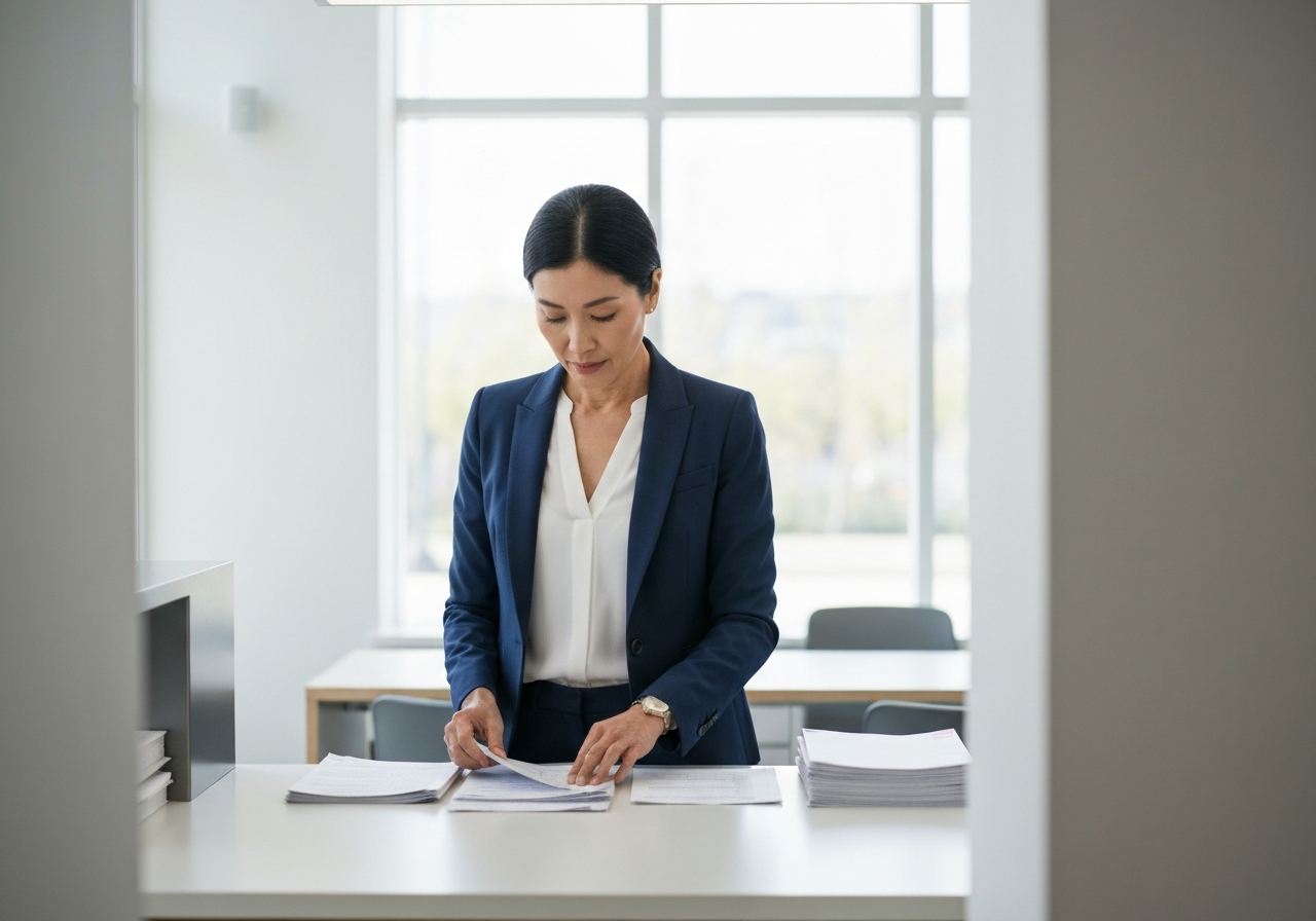 A professional person at a clean, modern postal counter organizing documents, minimalist interior, soft natural light, editorial photography style, 85mm lens, high detail, no text, no words, no letters
