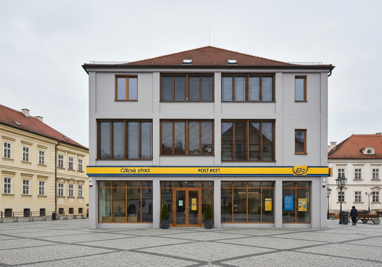 Editorial photography, modern signage of a Czech post office branch building, historical town square background, soft natural light, 85mm lens, highly detailed, no text, no letters