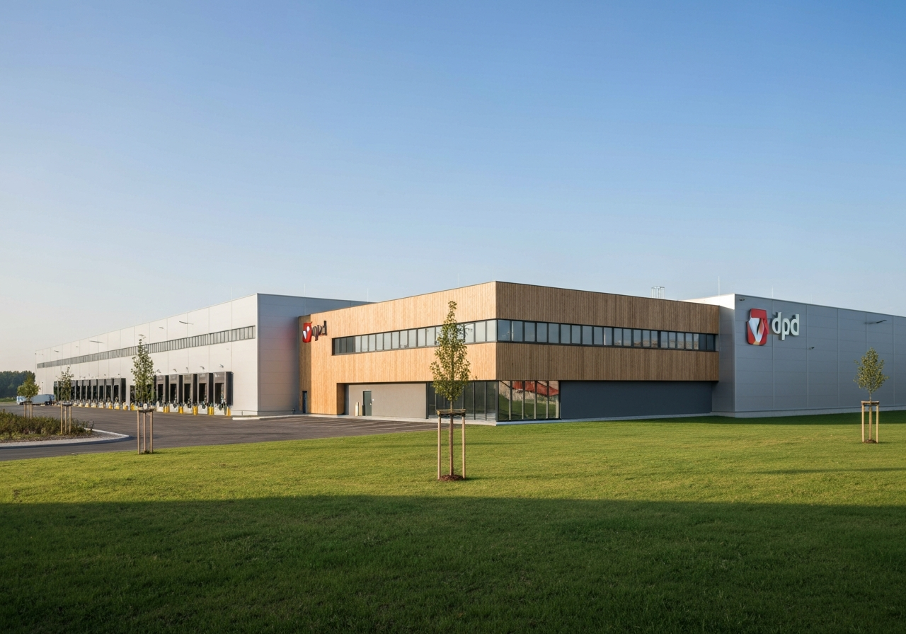 A modern DPD logistics warehouse exterior in the Czech countryside, sleek industrial architecture, clean surrounding landscape, editorial photography, soft natural light, 85mm lens, highly detailed, no text, no letters