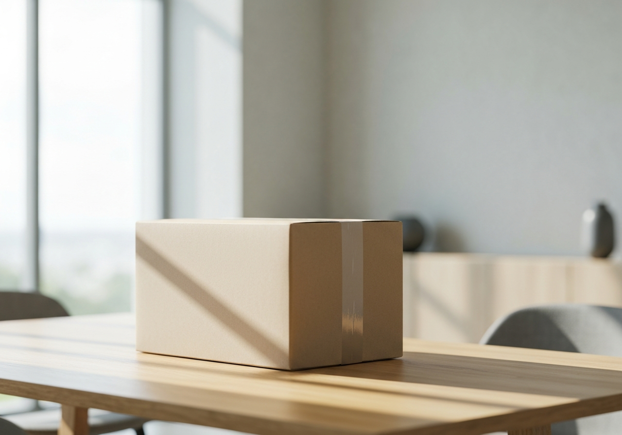 A professional parcel ready for shipping placed on a clean wooden table, modern minimalist office background, editorial photography, bright soft natural lighting, 85mm lens, high quality, no text, no letters