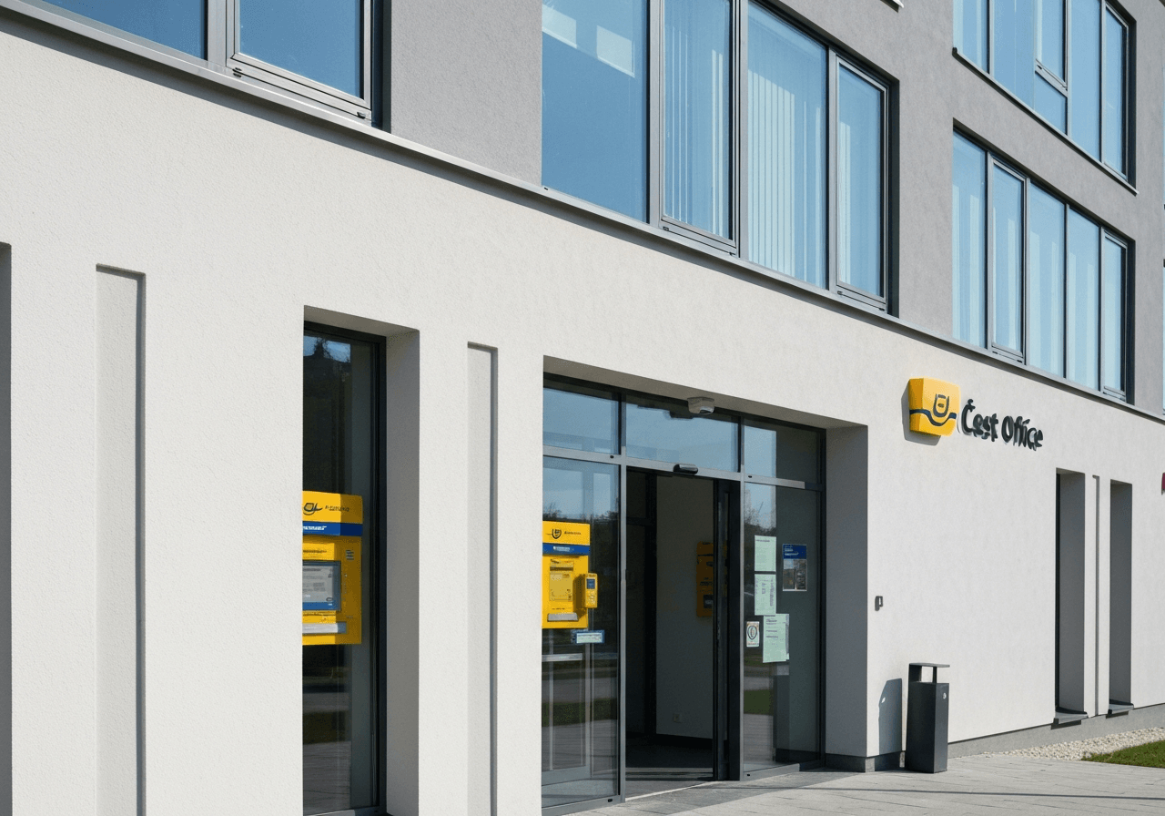 A professional exterior shot of a modern Czech Post office branch, clean architectural lines, bright daylight, cinematic depth of field, 85mm lens, high resolution, no text, no words, no letters.