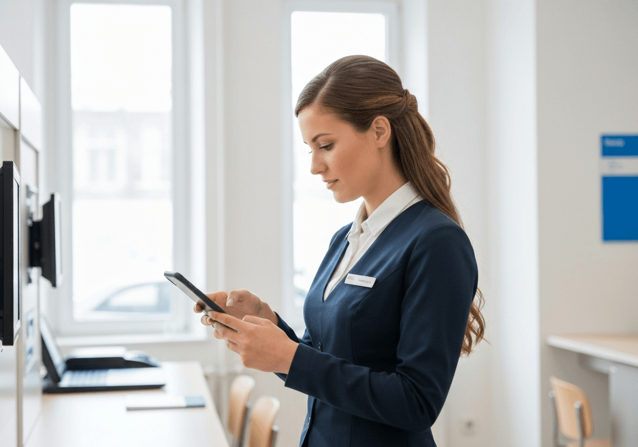 A professional person using a smartphone to check shipment status, modern clean interior of a post office, editorial photography, soft natural light, 85mm lens, highly detailed, no text, no letters