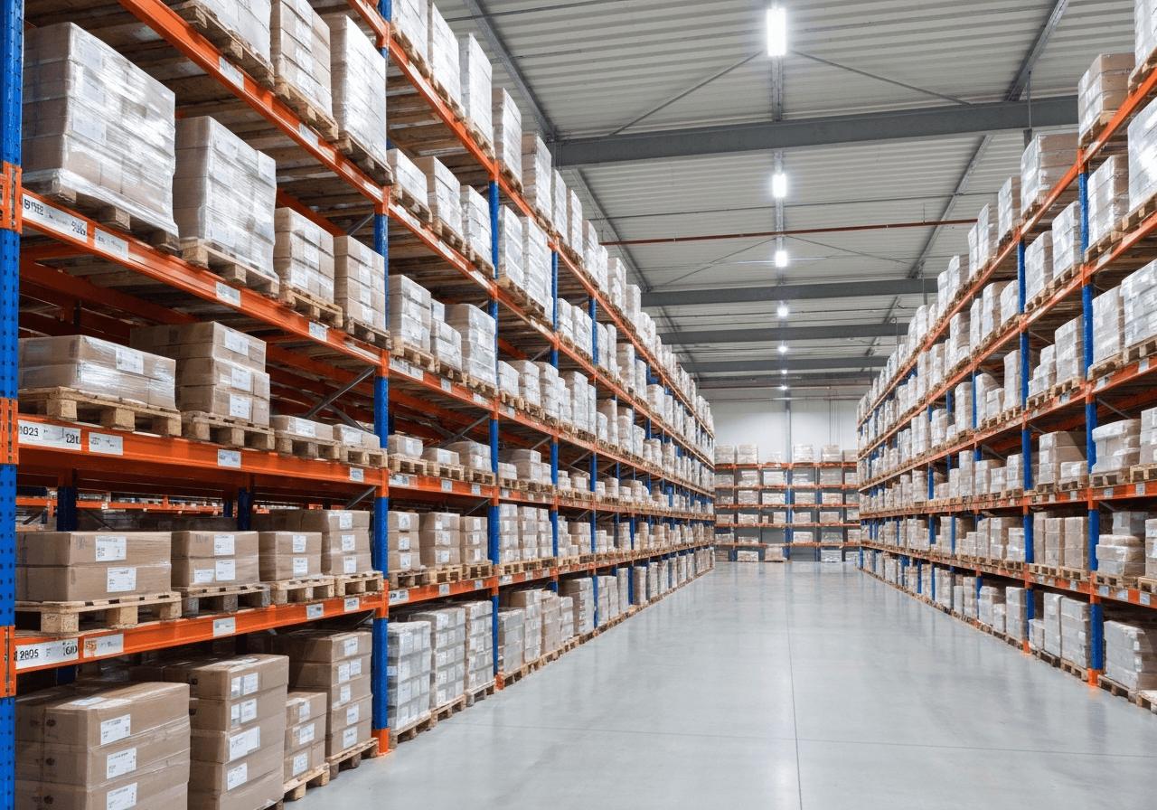 A professional logistics warehouse interior in the Czech Republic, rows of neat packages on shelves, clean modern industrial architecture, editorial photography, soft natural light, 85mm lens, highly detailed, no text, no letters
