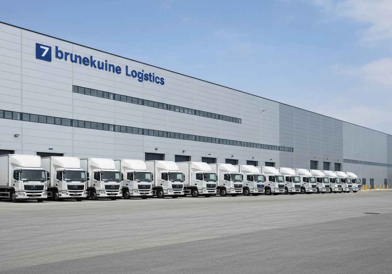 Modern industrial logistics facility exterior with clean signage, professional delivery trucks parked in orderly rows, bright daylight, editorial photography, 85mm lens, high quality, no text, no letters
