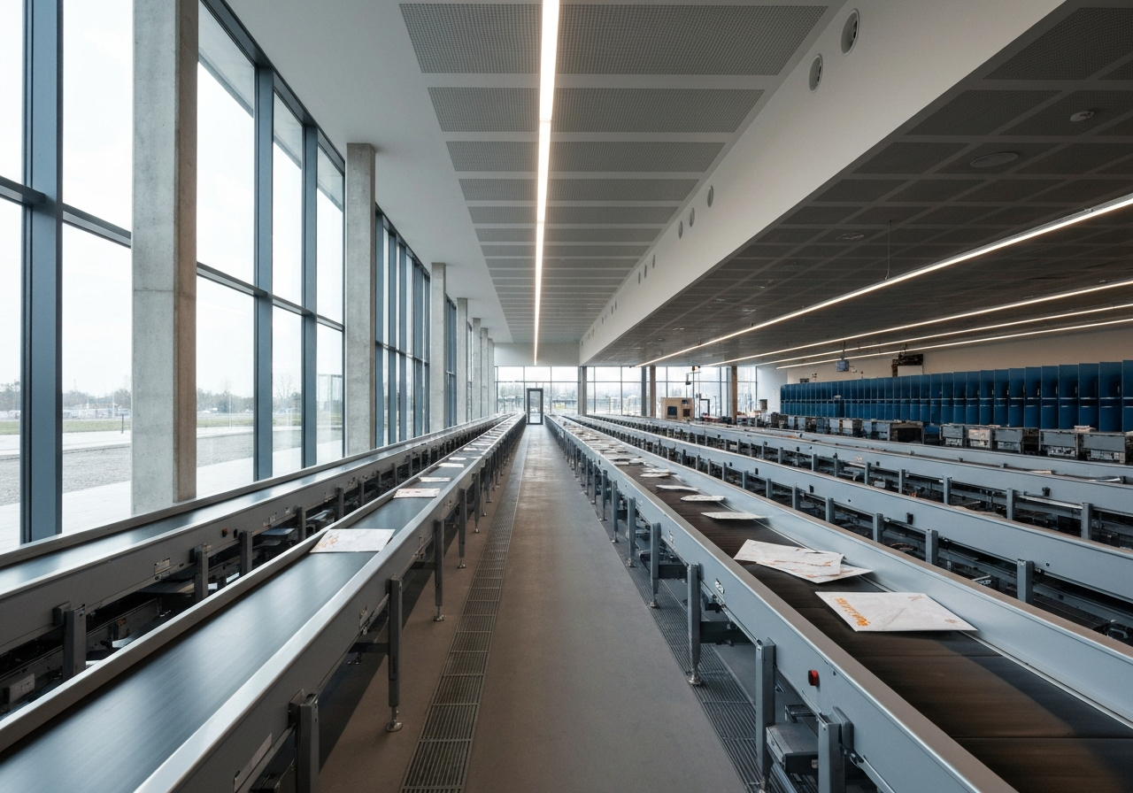 A professional postal sorting facility in a modern Czech urban setting, clean architectural lines, warm natural daylight, cinematic depth of field, 85mm lens, high resolution, no text, no letters