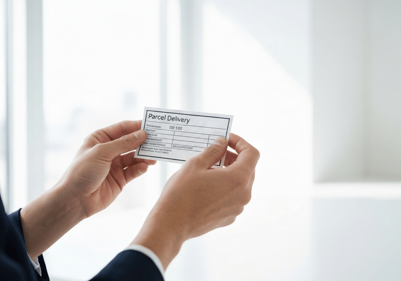 A professional hands holding a physical parcel address label in a modern bright office, clean background, editorial photography, soft natural light, 85mm lens, highly detailed, no text, no letters