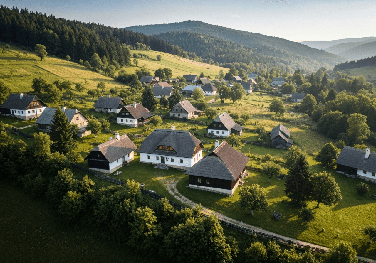 Aerial view of a peaceful Slovak village surrounded by rolling green hills and forests, authentic rural architecture, soft natural morning light, cinematic editorial style, 85mm lens, high quality, no text, no letters