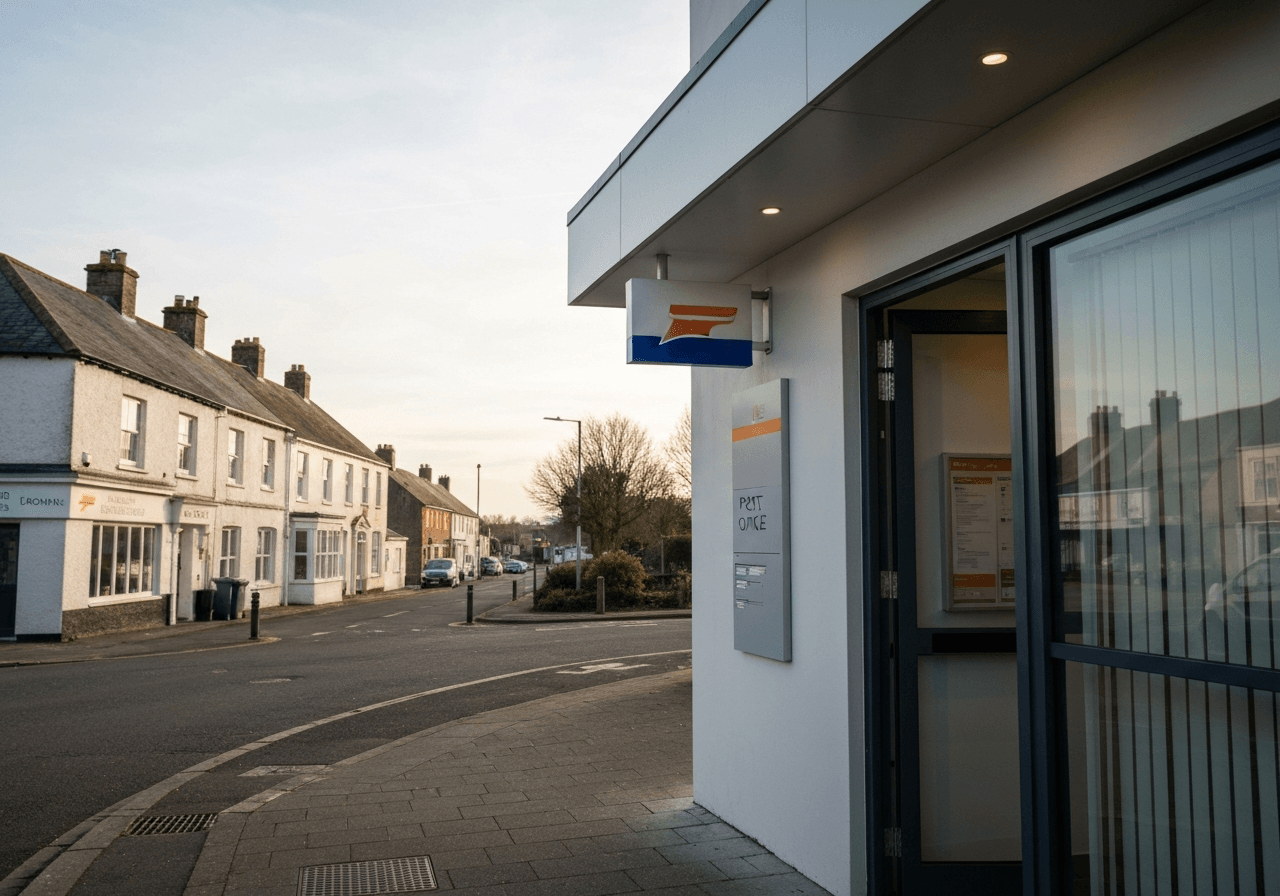 Editorial photography, a professional looking post office entrance with modern signage in a quiet town setting, soft natural light, 85mm lens, high quality, no text, no letters