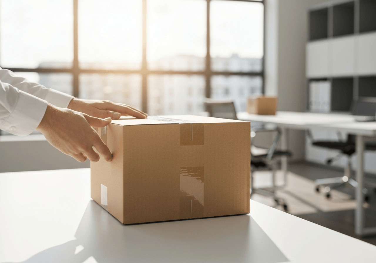 A professional hands holding a neatly prepared cardboard shipping box in a bright, modern office setting, clean aesthetic, soft natural light, 85mm lens, high quality editorial photography, no text, no words, no letters
