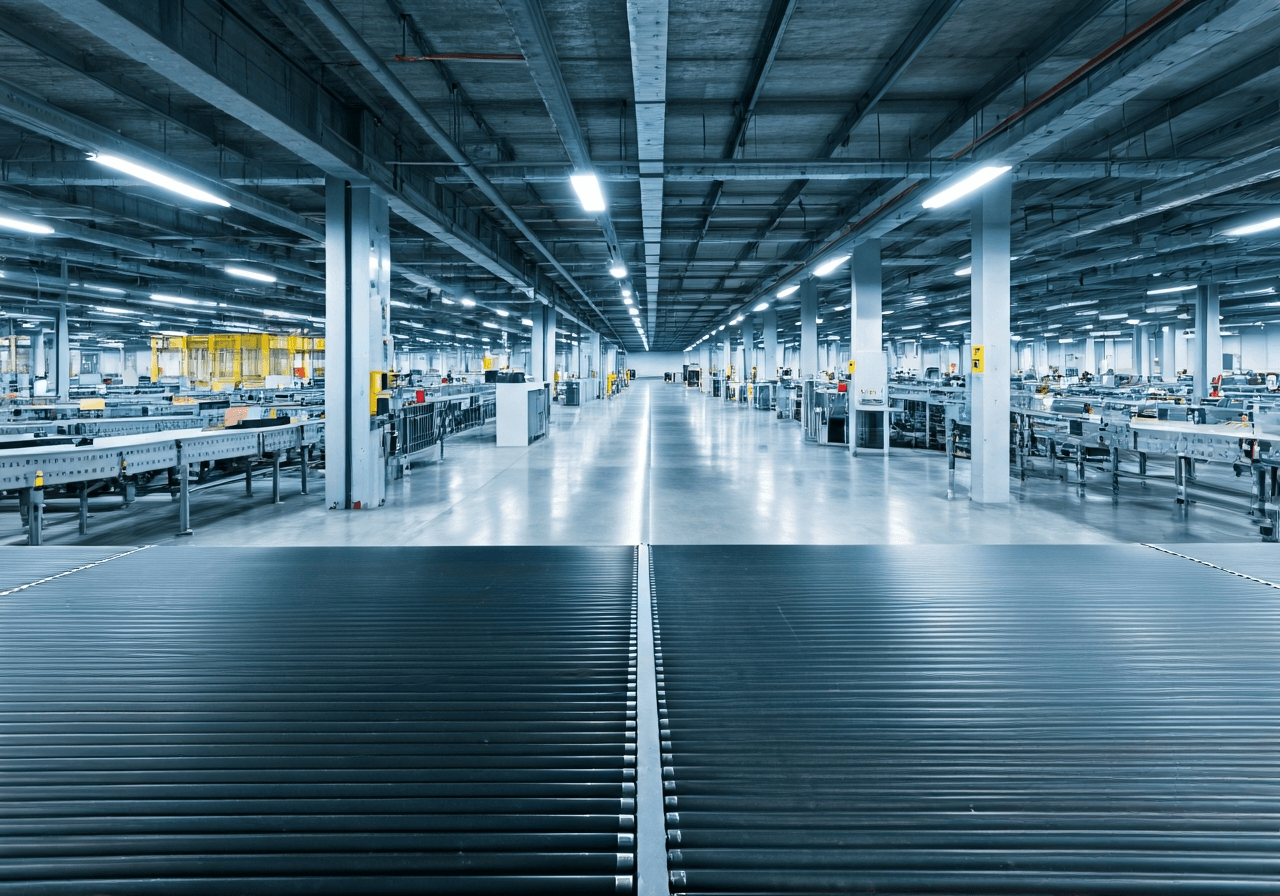 A wide-angle shot of a modern, automated sorting facility of a national postal service, sleek conveyor belts with packages, bright industrial aesthetic, premium high-tech environment, soft cool natural light, professional editorial photography, 85mm lens, high resolution, no text, no words, no letters