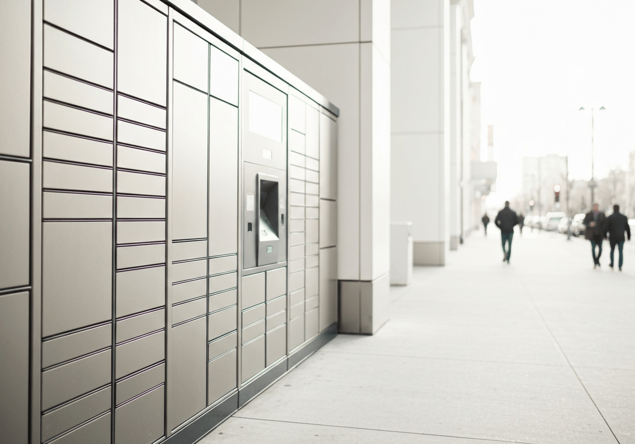 A sleek, modern automated parcel locker station in a bright, minimalist urban setting, soft natural light, high-end editorial photography, 85mm lens, depth of field, premium aesthetic, no text, no words, no letters