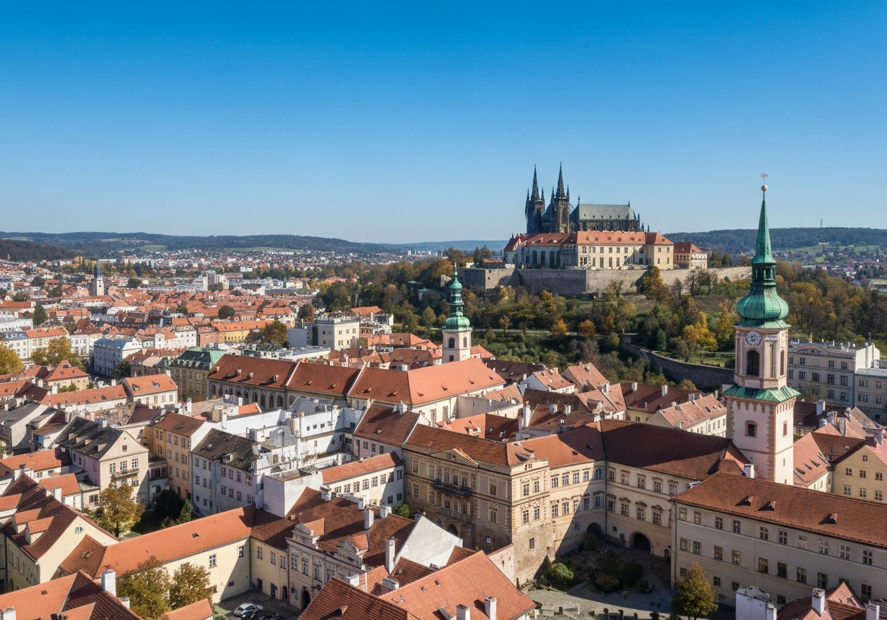 Aerial view of the historical city center of Litomyšl with the chateau in the background, clean sunny day, soft natural light, editorial photography style, 85mm lens, high resolution, no text, no letters