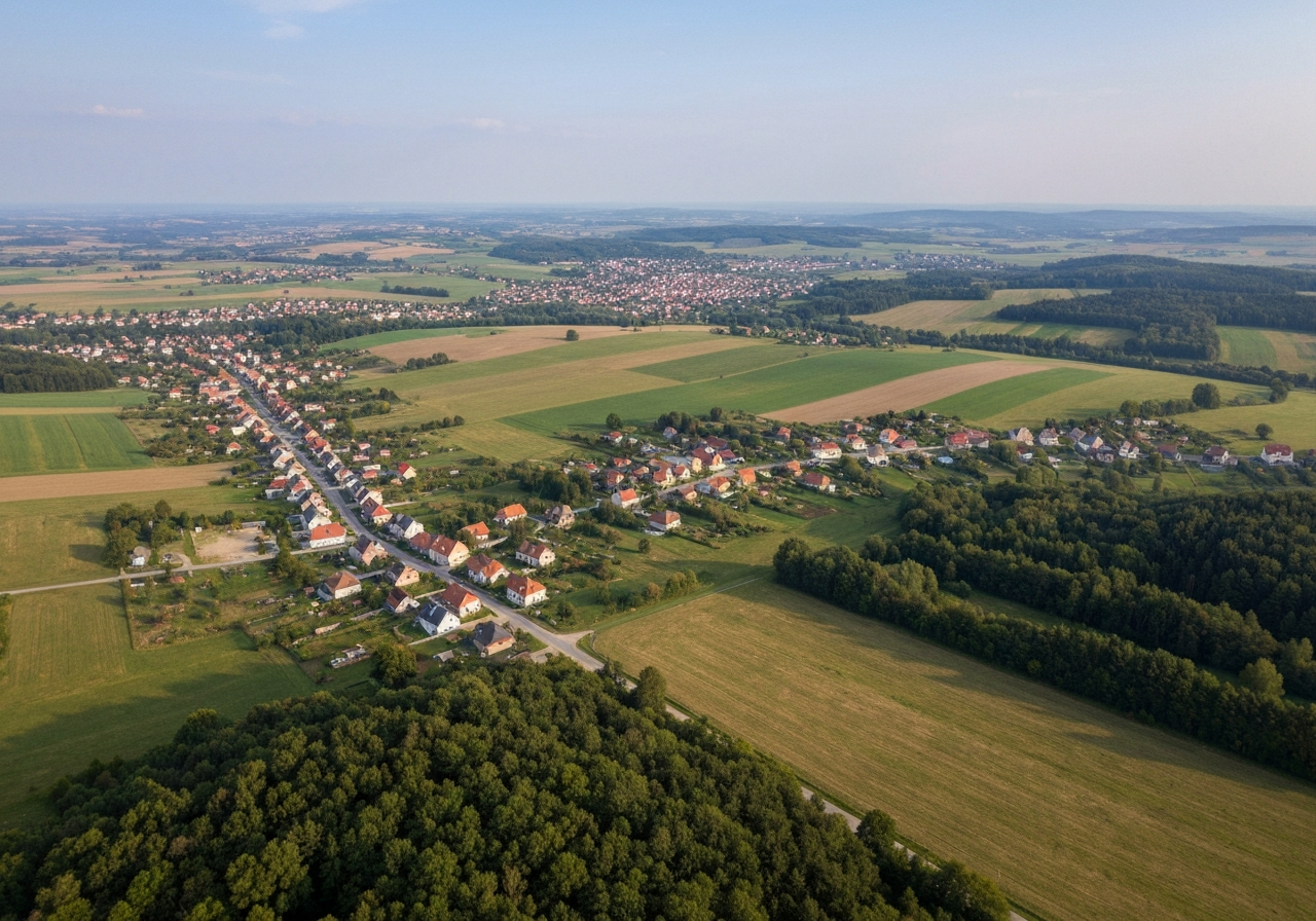 Aerial view of the rolling countryside near Litomysl with scattered villages, clean modern landscape, editorial photography, soft natural light, 85mm lens, highly detailed, no text, no letters