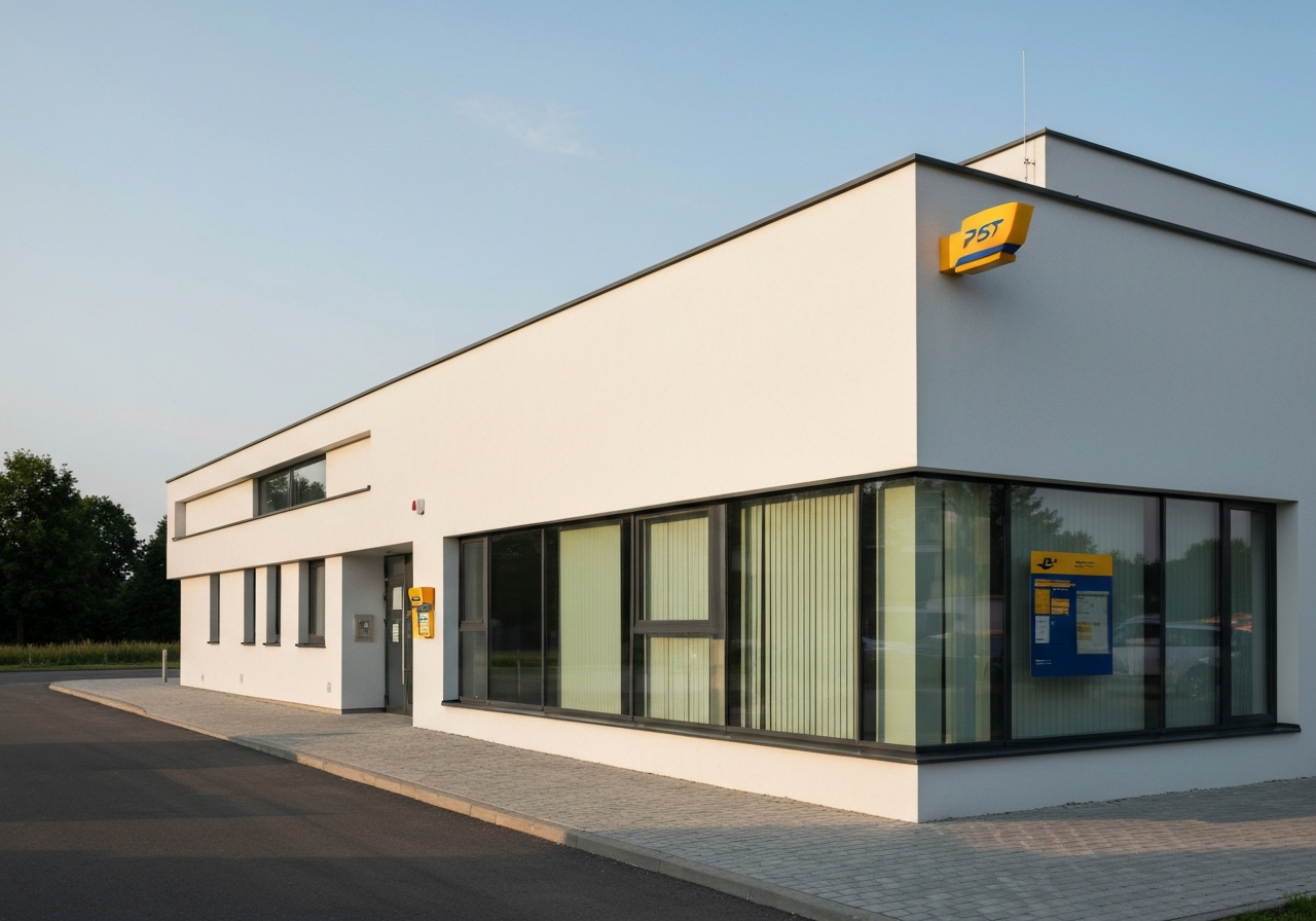 A professional, modern exterior shot of a local Czech post office branch, clean architectural lines, warm natural daylight, high-quality editorial photography, 85mm lens, no text, no words, no letters