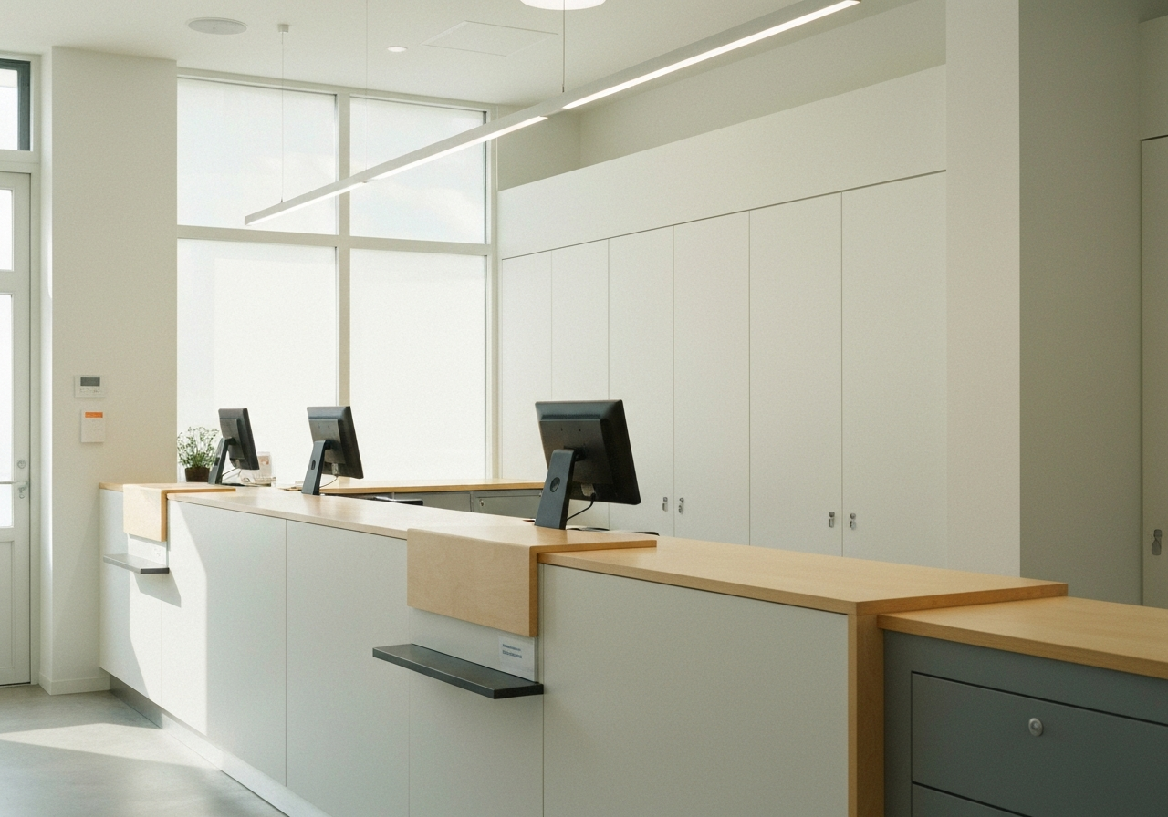 A professional, minimalist view of a modern post office counter, soft natural light, clean aesthetics, editorial photography, 85mm lens, high resolution, no text, no words, no letters